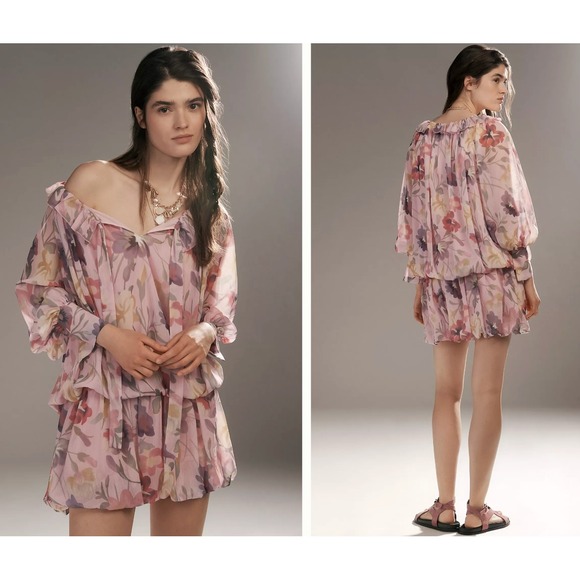 Mare Mare Pink Floral Ruffle Neck Blouson Mini Dress NWT Size M